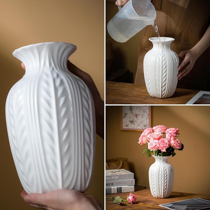 Matte White Ceramic Flower Vase, 10 Inch Unique Wheat Ear Textured Modern Large Vases for Trendy Home Decor Living Room Entryway Shelf Office Rustic Table Centerpiece (Matte White)