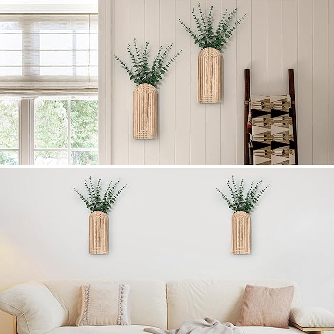 Wooden Wall Planter Vase Set of 2, Boho Hanging Planter for Indoor Plants & Flowers, Natural Wood Wall-Mounted Planters for Art Home Decor - Living Room, Bedroom, Bathroom, Patio (Natural Wood)