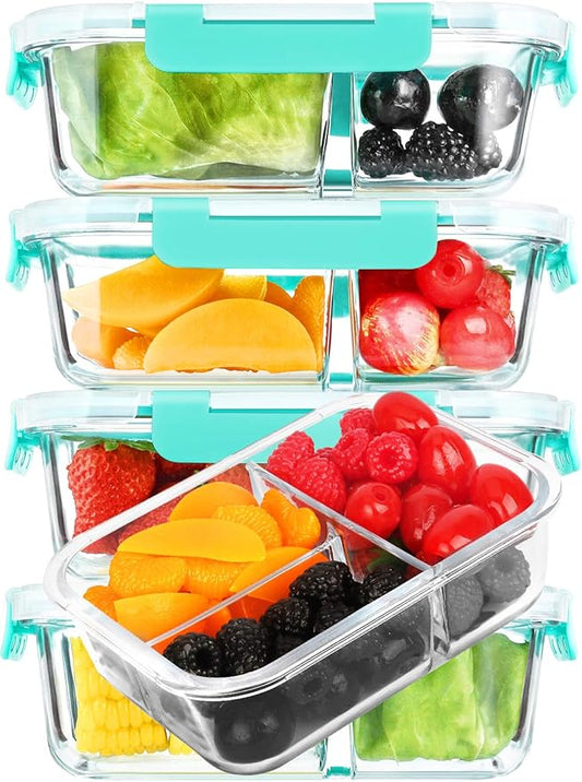 M MCIRCO [5-Pack, 36 oz] Glass Meal Prep Containers 3 Compartment with Lids, Glass Lunch Containers,Food Prep Lunch Box,Bento Box,Microwave, Oven, Freezer, Dishwasher (4.5 Cups, Green)