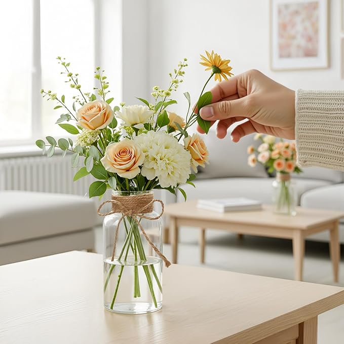 Vintage Glass Flower Vase Bulk 16 Pack Farmhouse Transparent Centerpiece Vases with Hemp Rope Mason Jars for Weddings Parties Dining Table Home Decor（Medium）