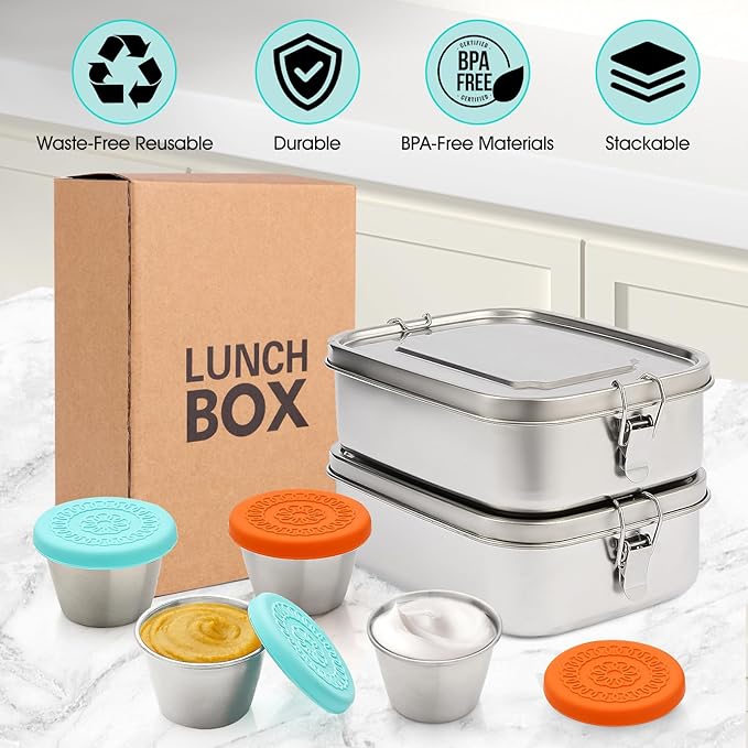 LEEPENK 2PCS 304 Stainless Steel Lunch Container with Lockable Clips,3-Compartment Large 1500ML Metal Bento Box Bonus 2PCS Condiment Containers & Leakproof Lids for for Office and Gym