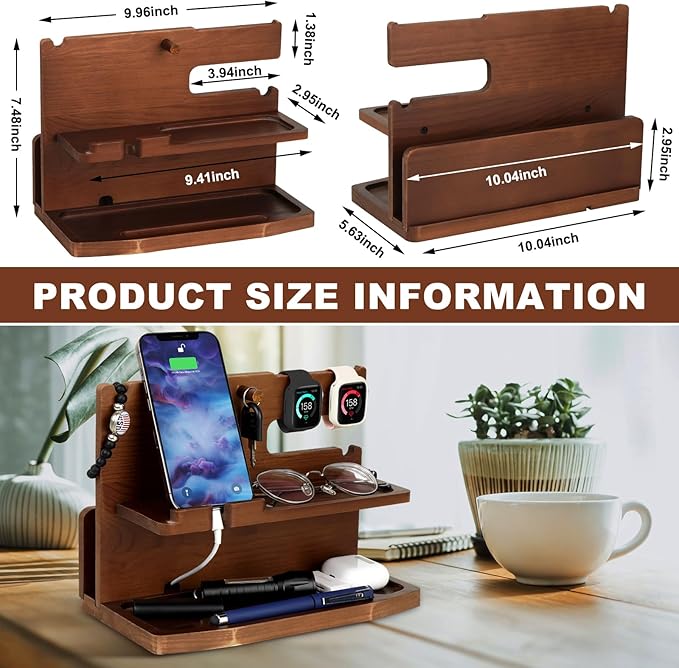 Gifts for Men Desk or Nightstand Organizer - Wood Phone Docking Station - Birthday Gifts for Husband, Fathers Day for Dad - Anniversary Idea from Wife - Key Holder, Stand Wallet, Watch & Essentials