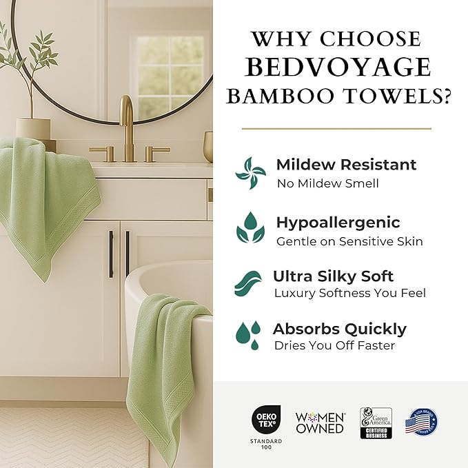 BedVoyage Luxury Bath Towels Set of 3 - Ultra Soft Plush Bathroom Towel Set - Highly Absorbent Viscose from Bamboo Bath Towels Ultra Soft - 3pc Spa Towel for Body - Sage