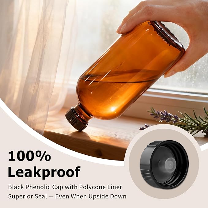 15 Pack 16 oz Amber Glass Boston Round Bottles with Phenolic Polycone Caps – Airtight, Leak-Proof Brown Bottles for Kombucha Brewing, Storing Condiments, Essential Oils, and Homemade Solutions