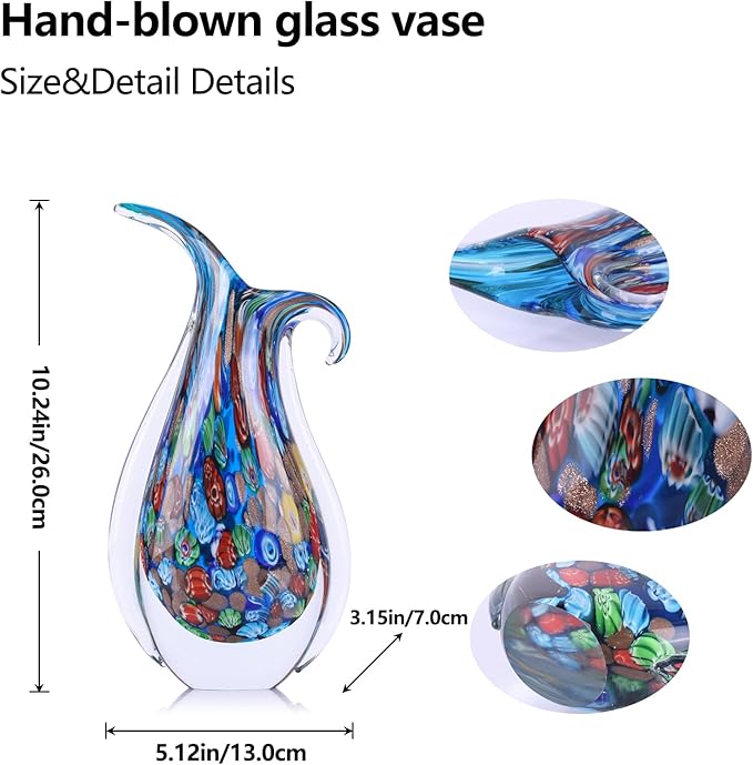 Hand Blown Glass Vase for Centerpiece, Murano Style Table Decoration, Blue Blown Art Glass Ellipse Flower Vase, Single Stem Beautiful Decor for Home, Beachy Room Decor for Home Shelf