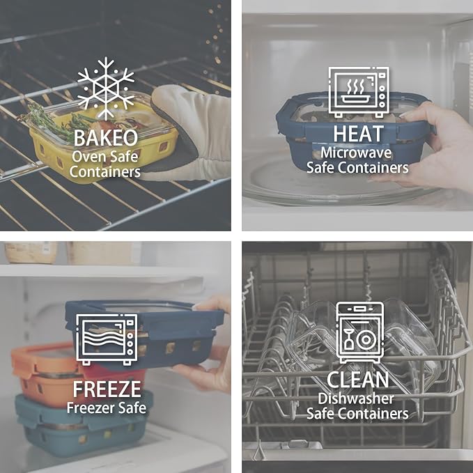 Glass Food Storage Containers With Glass Lids Bento Box Set Lunch Box Eco Friendly Meal Prep Containers Airtight – Plastic Free, Silicon Sleeve Bpa Free 4.4cup/ 5 * 1050ml