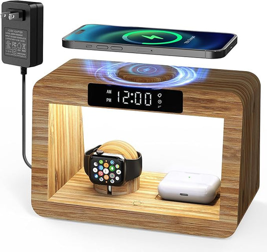 Bamboo Wireless Charging Station,Wireless Charger with Digital Alarm Clock and Night Light,Fast Charger Stand Compatible with iPhone17/16/15/14/13/12/11 Pro Max/X/Xs/AirPods Pro/iWatch Series