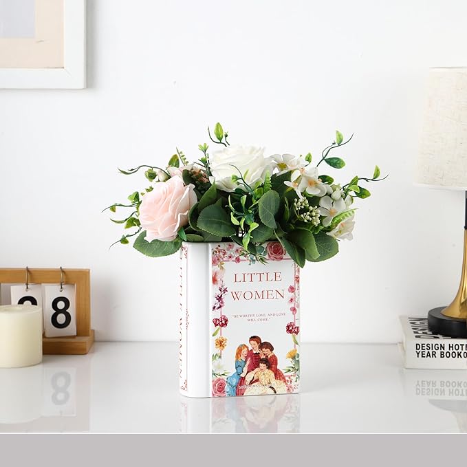Book Vase, Ceramic Book Vase for Flowers, Book Flower Vase White, Book Shaped Vases, Decorative Ceramic Vases for Home, Office, Bedroom, Living Room, Dining Table(Women)