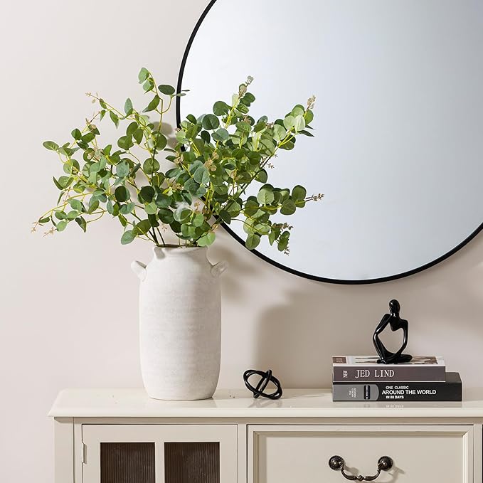 Large Flower Vase Home Decor - 12 inch Tall Ceramic Farmhouse Rustic Table Vases with Handle Living Room Decoration Decorative Rustic Pottery for Floor Kitchen Shelf Coffee Dining Desk Fireplace