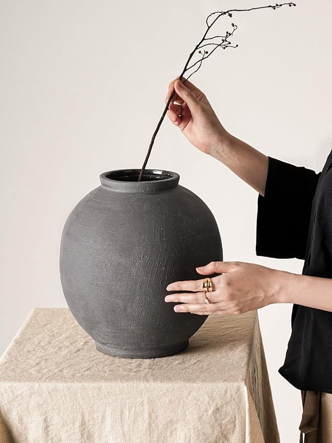 Ceramic Rustic Vase, 10.8 Inch Farmhouse Minimalist Tall Flower Vase for Table, Living Room, Home Decor, Bathroom, Holiday, Wedding, Set of 1, Sandstone Black