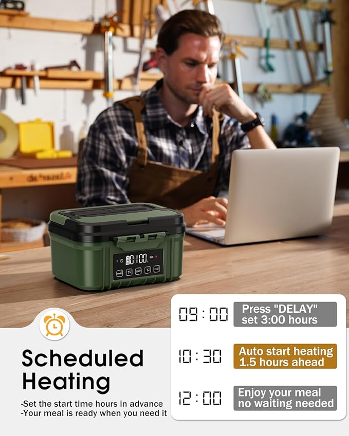 Cordless Electric Lunch Box for Adults – Battery-Powered Heated Lunch Box with 1.2L Stainless Steel Container, Timer Function, and Leak-Proof Food Warmer for Work, Travel & Office
