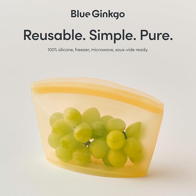 Blue Ginkgo Reusable Silicone Storage Bags – 4-Pack | Korean-Made Stand Up Food, Freezer Bags - Pumkin Yellow