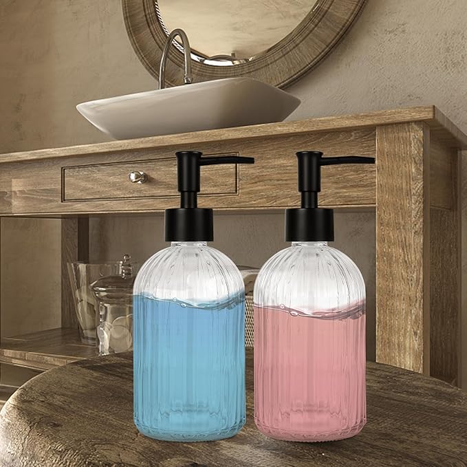 2 Pack Glass Soap Dispenser with Pump, 13.5oz Refillable Soap Dispensers with Vertical Stripe for Hand Wash & Dish Wash, Elegant Bathroom Soap Dispenser for Dishwashing Liquid, Lotion