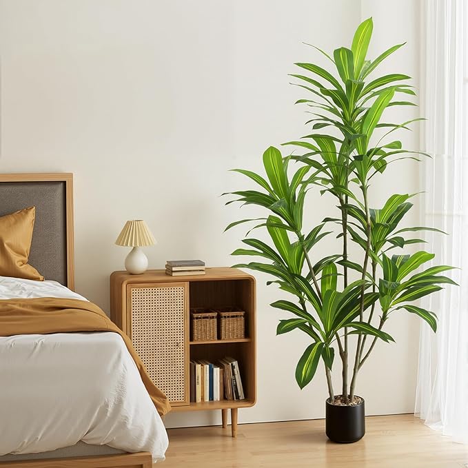 6FT Artificial Dracaena Tree, Faux Dracaena Plant with Stones in Black Round Planter, Tall Fake Floor Plant for Indoor Home Office Living Room Decor