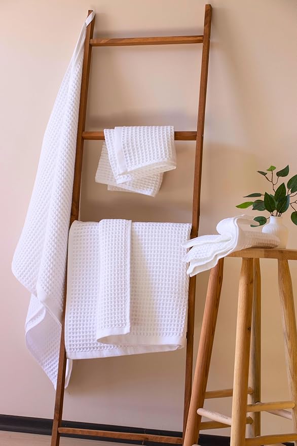 PÜSKÜL - Premium Waffle Towel Set 4 Pieces White - Organic 100% Turkish Cotton Quick-Dry Towels for Bathroom Made in Turkiye (White, Towel Set - 2 Hand & 2 Bath Towels)