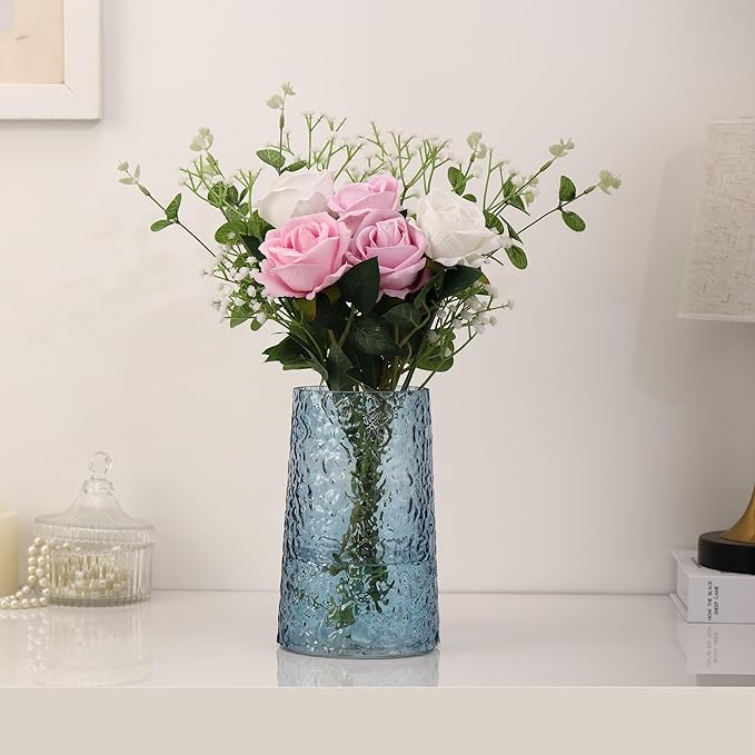 Blue Glass Vase, Flower Vases for Bouquet, Modern Glass Vase for Flowers, Large Vases for Living Room, Bedroom, Kitchen, Office, Wedding, Dining Table, 8 Inches