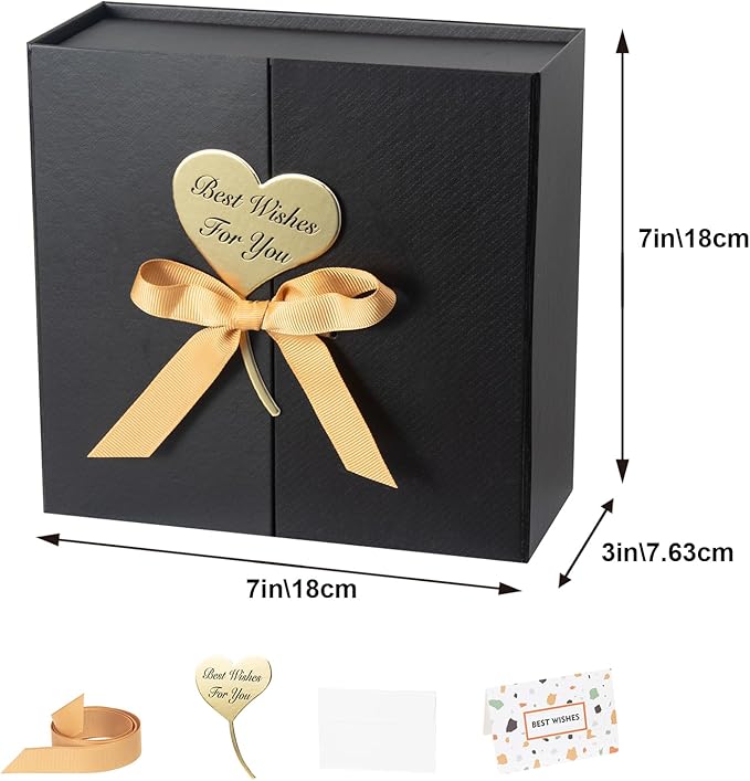 7x7x3 Inch Gift Boxes with Lids, Small Black Gift Box with Ribbon Card Fancy Gift Wrap Boxes for Festival Anniversary Groomsmen Proposal Weddings Boyfriend Father's Day