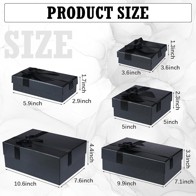 Tenceur 10 Pcs Gift Boxes with Lids Heavy Duty Nested Assorted Sizes Cardboard Gift Boxes for Presents with Ribbon for Xmas Holiday Present(Black,5 Size)