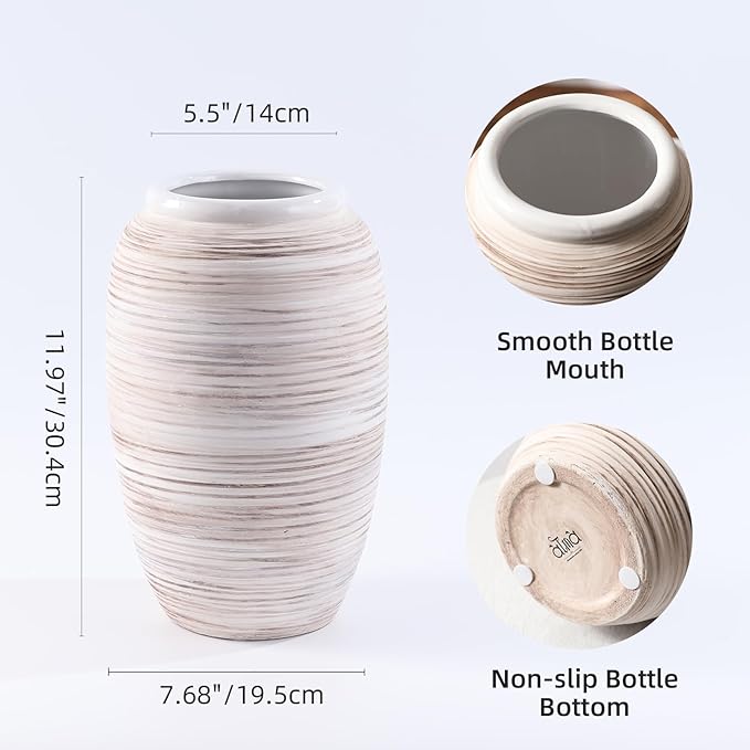 ALMA Wide Mouth Large Ceramic Vase, 12'' Tall White Rustic Pampas Grass Vase for Table Centerpieces, Boho Decorative Vase for Living Room, Farmhouse, Entryway, Mantel, Bookshelf, Home Decor