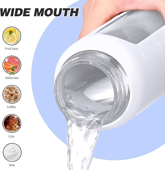 32oz Glass Water Bottle with Straw and 2 Lids- Bamboo and Spout Lid,Motivational Sports Water Bottle with Silicone Sleeve and Time Marker,Reusable for Gym, Outdoors, White