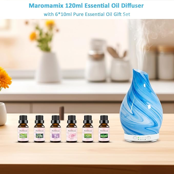 Essential Oil Diffuser & Essential Oils Set - Glass Ultrasonic Aromatherapy Diffuser with 6 Essential Oils Set, Oil Diffuser 7 Color Changing Light Quiet 4Timer Waterless Auto-Off for Home Office