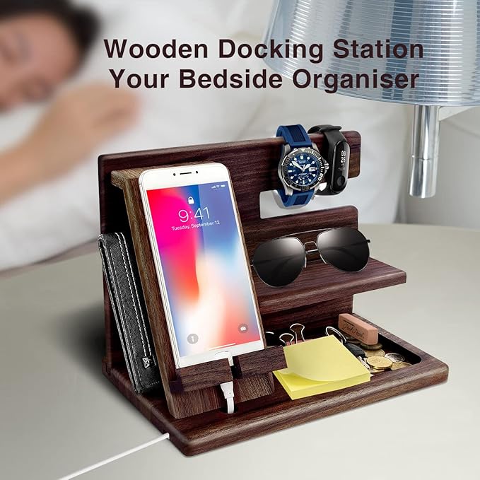Gifts for Men Christmas, Wood Phone Docking Station, Mens Gifts for Birthday or Gifts for Dad Fathers Day, Desk Workspace Organizer Nightstand Organizer Key for Wallet & Watch Holder Husband Christmas