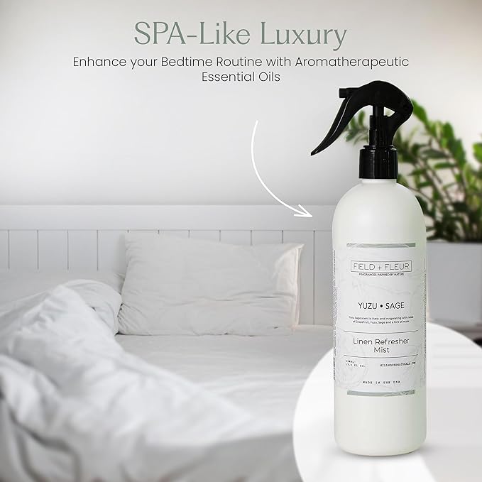 FIELD FLEUR Yuzu Sage Linen & Room Spray 15.5 oz - Aromatic & Refreshing Bedding & Fabric Mist - Air Freshener for Clothes & Sofas - Notes of Yuzu, Mandarin, Sage & Eucalyptus - Made in USA