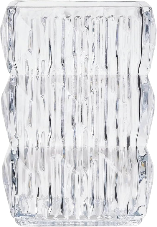 VECELO Crystal Glass Vase - Textured Clear Flower Vase for Fresh Flowers & Hydroponic Plants, Modern Decorative Centerpiece for Dining Table, Coffee Table & Home Décor, 9.06 Inches