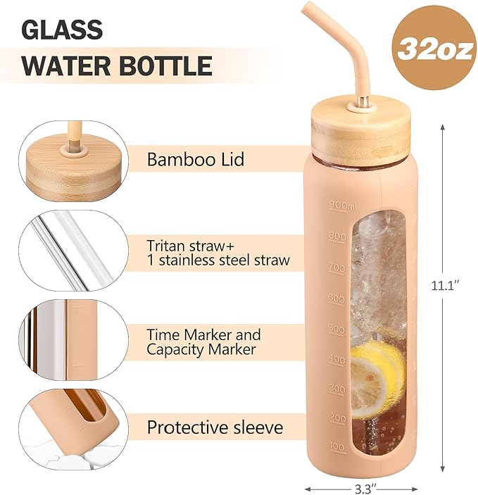 32oz Glass Water Bottle with Straw and 2 Lids- Bamboo and Spout Lid,Motivational Sports Water Bottle with Silicone Sleeve and Time Marker,Reusable for Gym, Outdoors, Amber