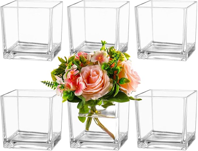 Square Glass Vases Set of 6, 4" x 4" x 4" Square Flower Vases for Centerpieces, Clear Vase for Flowers, Small Vase for Wedding, Party, Home Office Decoration