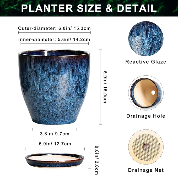 6 Inch Plant Pot - Ceramic Pots for Plants with Drainage Hole and Saucer, Ceramic Planters for Indoor Plants Outdoor, Decorative Round Planter, Room Home Decor, Gifts for Plant Lovers, Blue