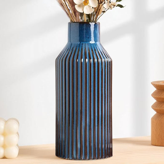 Blue Ceramic Flower Vase, Minimalist Decor, Modern Home Decorative Vase, 8 Inch Small Pampas Grass Vases for Kitchen, Bedroom, Office, Living Room, Bathroom, Shelf Centerpiece Table