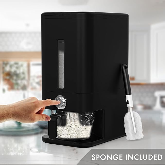 25lb Rice Dispenser - Air Tight Grain & Rice Container With Easy To Use Dispensing, Measuring Cup, & Sponge - NEW Black Design Grain Storage Container