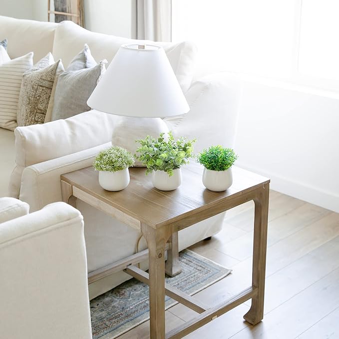 Artificial Plants for Home Decor Indoor. 4 Mini Plants, Rosemary Faux Plant Decor, Eucalyptus Plant, Grass Plants. Small Fake Shelf or Desk Greenery Décor (Ceramic-3)