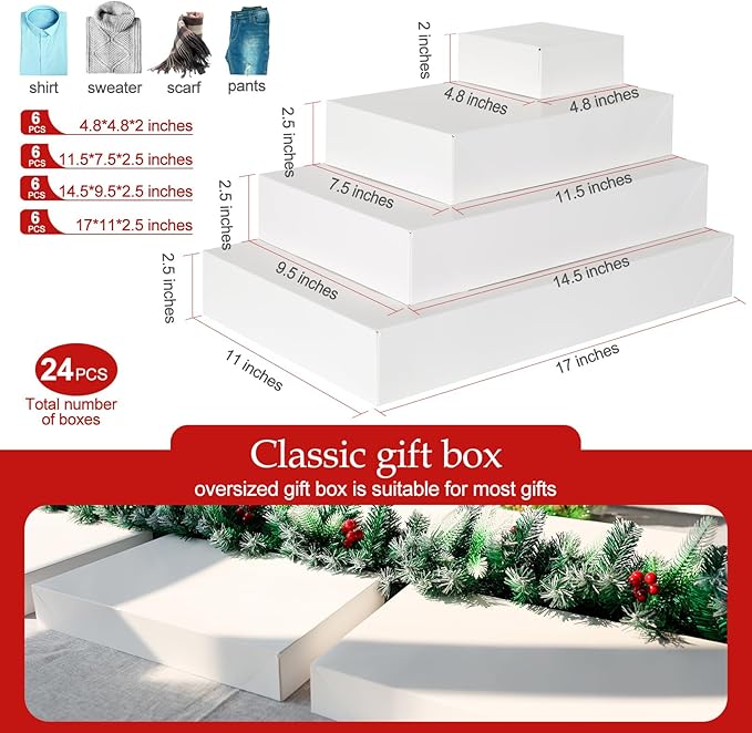 joyhalo 24 Pack Gift Boxes with Lids for Presents - White Small Large Chritsmas Gift Boxes Bulk for Clothes with Ribbon and Flowers, Assorted Sizes for Wrapping Gifts, Shirt, Gift Wrapping Supplies