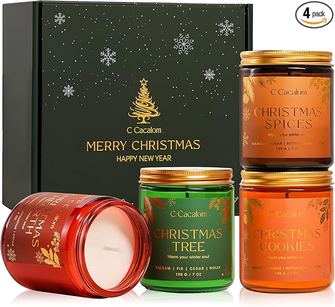4Pack/28oz Christmas Soy Candles Gift Set Non-Toxic Aromatherapy Scented Holiday Candles for Chritmas Gifts Home Decor, Luxury Vinilla/Apple/Eucalyptus/Rose Jar Candle, Winter Candle Set for Women Men