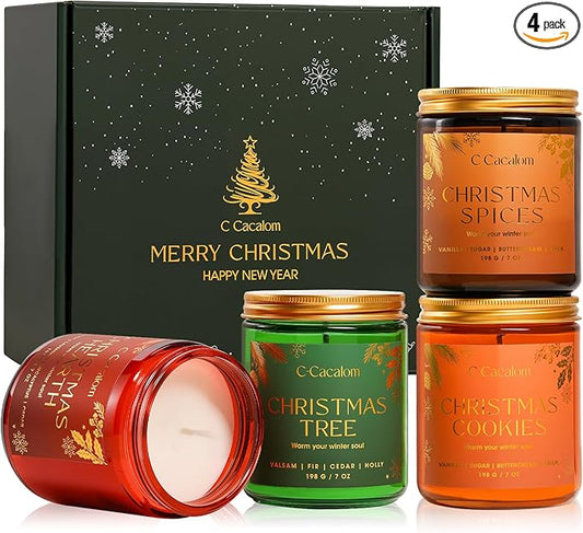4Pack/28oz Christmas Soy Candles Gift Set Non-Toxic Aromatherapy Scented Holiday Candles for Chritmas Gifts Home Decor, Luxury Vinilla/Apple/Eucalyptus/Rose Jar Candle, Winter Candle Set for Women Men