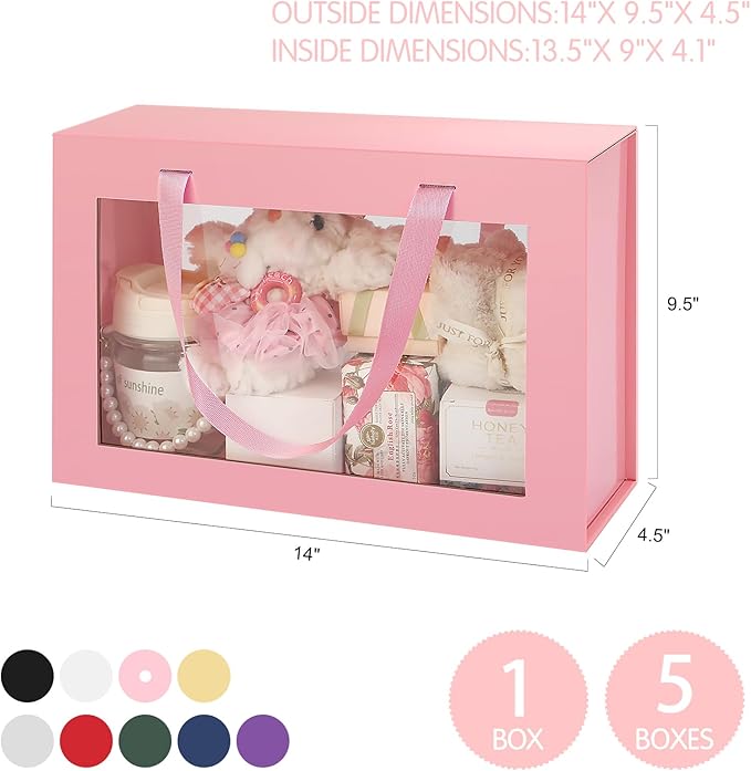 Large Pink Clear Gift Boxes, 13.5x9x4.1 Inches Gift Boxes with Windows by Handles, Bridesmaid Proposal Boxes, Collapsible Gift Boxes with Magnetic Closure (Glossy Pink, 5 Pack)