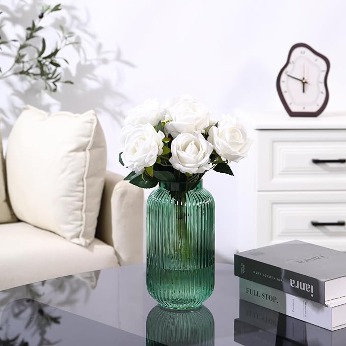 Ribbed Glass Vase, Green Flower Vase for Bouquet, Glass Vases for Flowers, Modern Vases for Living Room, Bedroom, Kitchen, Dining Table, Office, Wedding, 8.6 Inches