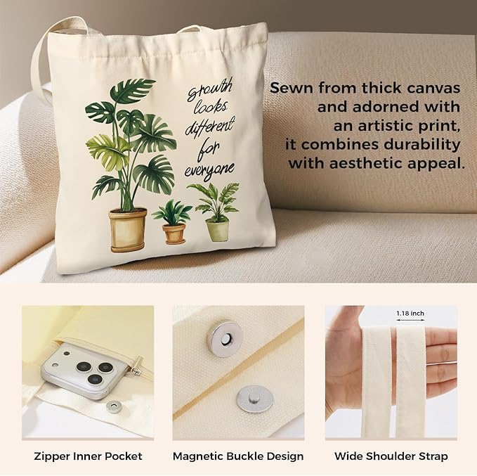 Cute Aesthetic Canvas Tote Bag for Women, Reusable Foldable Shopping Cotton Shoulder Totebag with Zipper Pocket