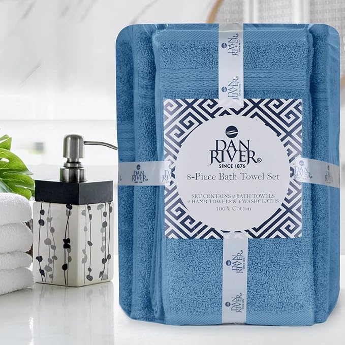 DAN RIVER 8 PC Luxury Bath Towels for Bathroom, 2 Bath, 2 Hand, and 4 Wash Cloths, 600 GSM 100% Ring Spun Cotton Towel Set, Highly Absorbent, Gym, Hotel, and Spa, Medium Blue