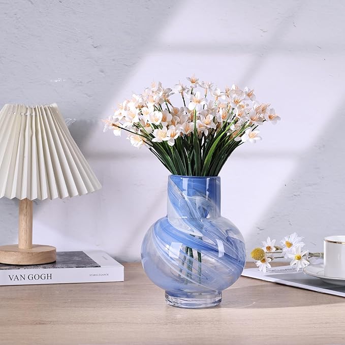 Blue Hand Blown Glass Wide Mouth vase for Home Decoration Short Round Glass vase for Living Room, Dining Table, Bookcase, TV Cabinet, Bookshelf and Office Desktop Decoration.