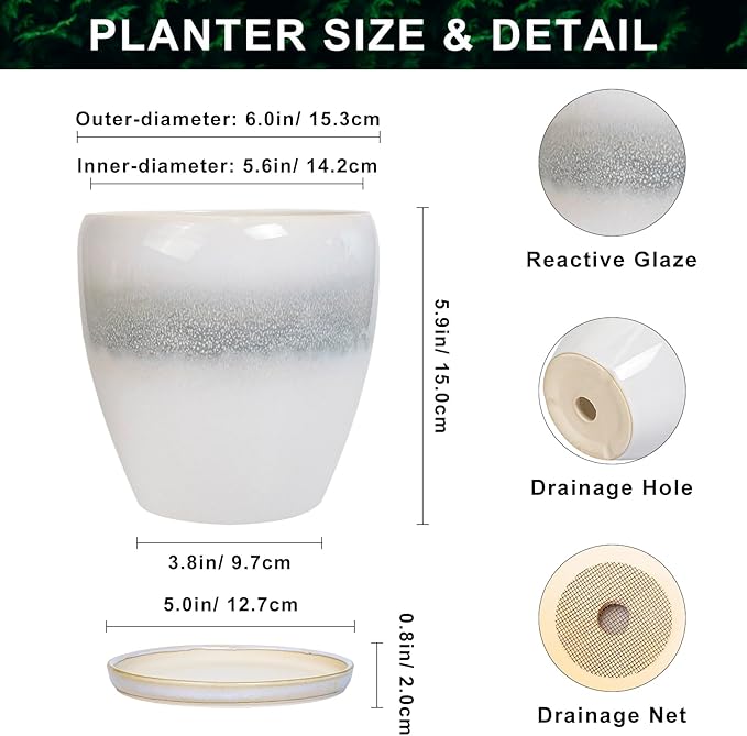 Ceramic Plant Pot - 6 Inch Ceramic Pots for Indoor Outdoor Plants, Decorative Planter with Drainage Hole and Saucer, Modern Plant Pots, Bedroom Room Decor, Plant Lover Gifts, White-Grey