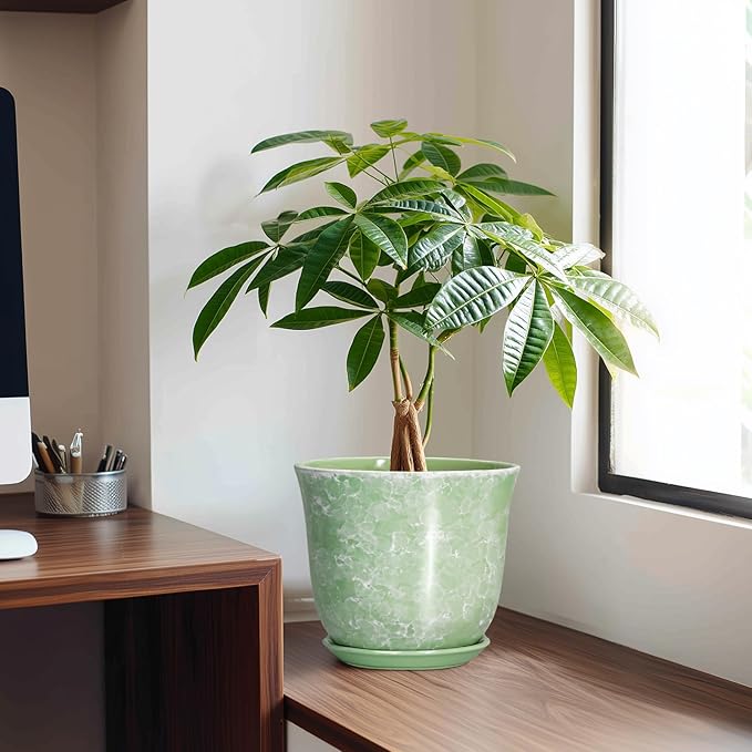 Ceramic Planter - 8 Inch Plant Pot for Indoor Outdoor, Round Flower Pots with Drainage Hole and Saucer, Modern Decorative Planters, Home Office Desk Decor, Gifts for Plant Lovers, Green