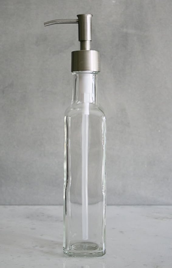 Rail19 French Vessel Glass Soap Dispenser with Metal Pump - Refillable Hand Soap, Lotion & Sanitizer for Sinks and Small Countertops, 8.5oz (Stainless Rustic)