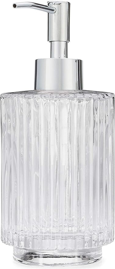 Rail19 Parisian Clear Fluted Glass Soap Dispenser - Refillable Lotion & Hand Soap for Kitchen and Bathroom, 10oz (Chrome Rustic)