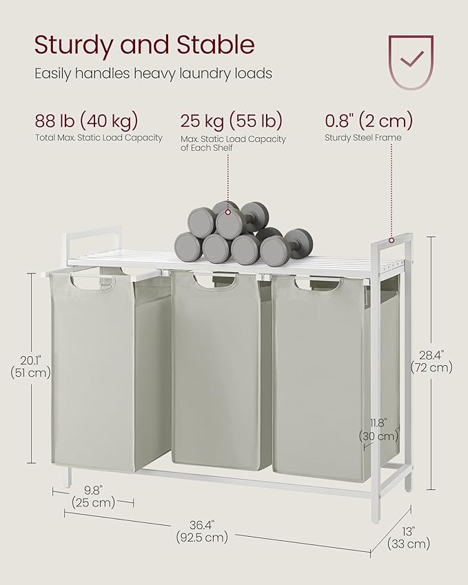 VASAGLE Laundry Hamper, Laundry Basket, Laundry Sorter with 3 Pull-Out and Removable Bags, Shelf, Metal Frame, 3 x 10.6 Gallons (40 L), 36.4 x 13 x 28.4 Inches, Cream White and Cloud White UBLH301W01