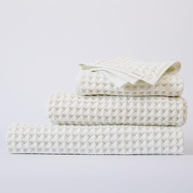 Luxury Japanese Cotton Waffle Bath Towel | Plush, Absorbent, and Quick Dry | Free Storage Bag Included (Shell White, Complete Set (4-Piece))