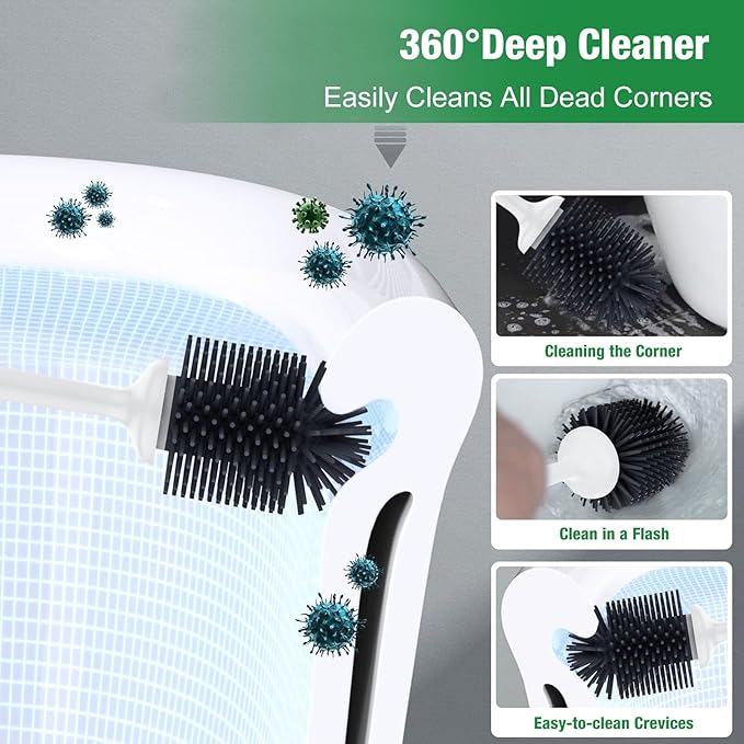 Lefree, 2 in 1 Toilet Brush and Plunger Set with Silicone Bristles, Plastic Material, Includes Holder, White/Black, for Deep Cleaning