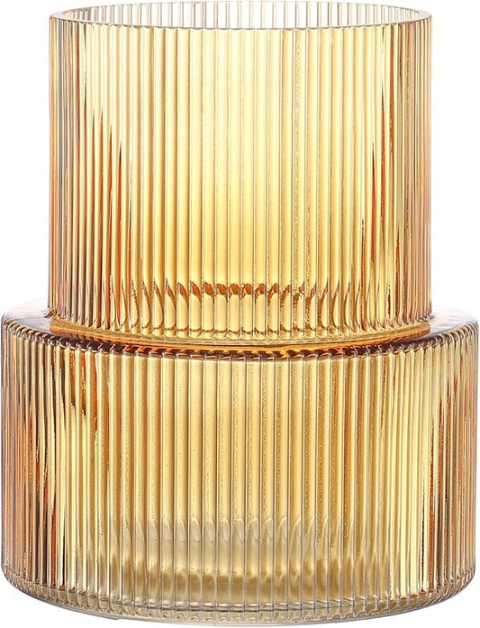 Amber Glass Vase, Ribbed Glass Vase for Tulips, Flower Vases for Bouquet, Amber Modern Vases for Living Room, Dining Table, Entryway, Mantle, Shelf, Wedding, Office, 7.5 Inches